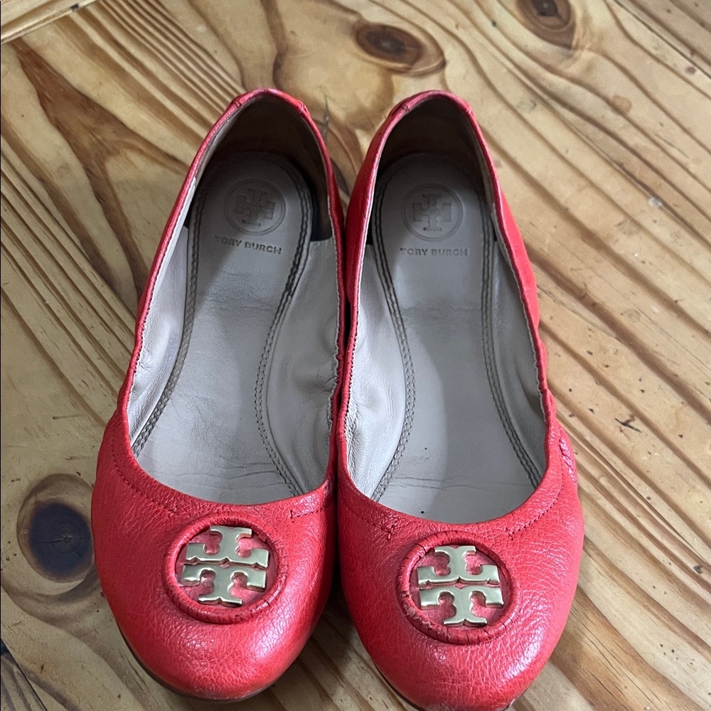 TORY BURCH Allie Napa Leather Ballet Flats in Samba Coral Red - Picture 2 of 8